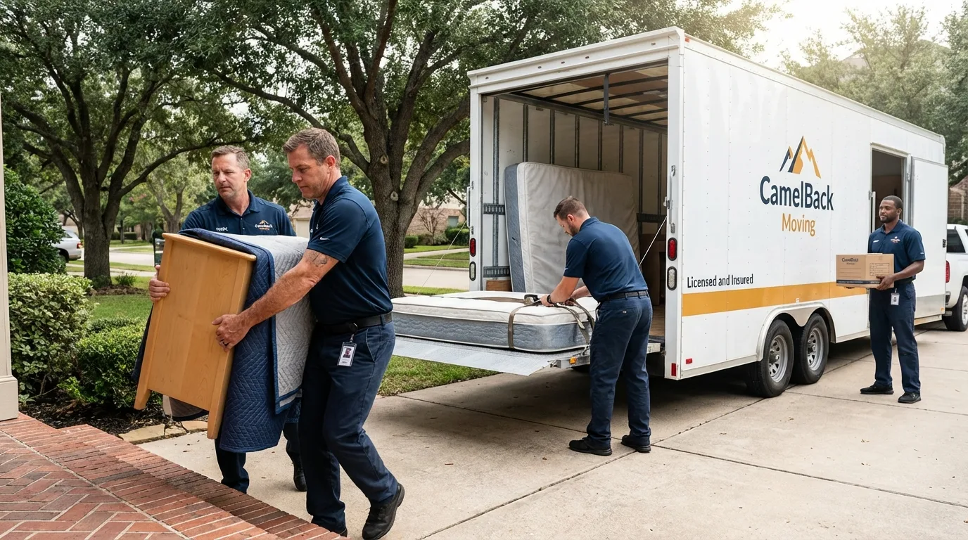 Crew loading residential truck for cross-state move from Livingston, CA