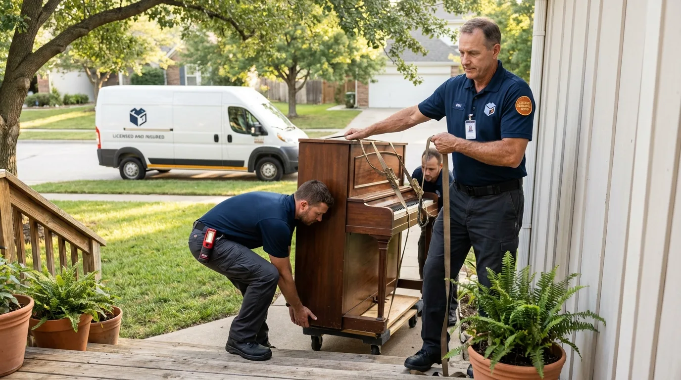 Licensed piano movers securing grand piano in Livingston, CA