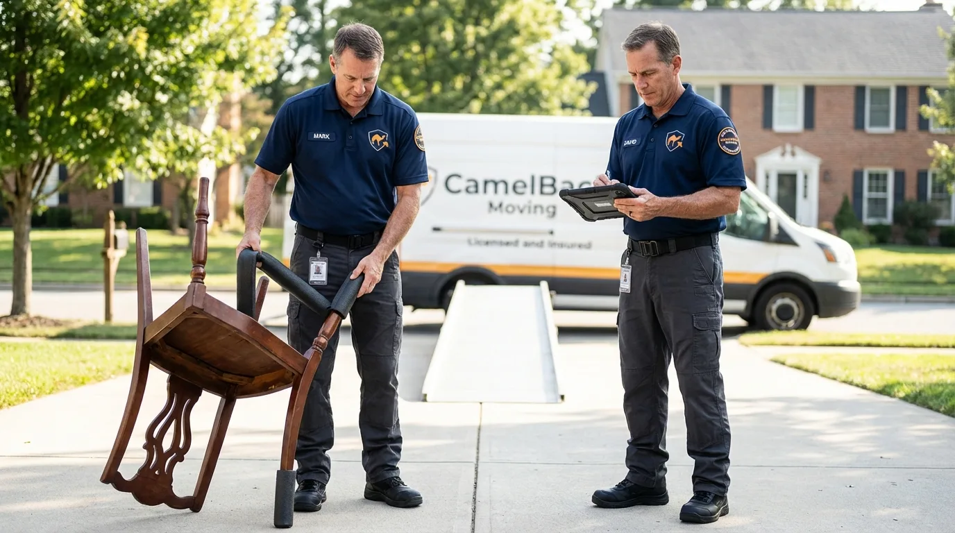 Movers inspecting furniture for damage prevention before loading in Livingston, CA