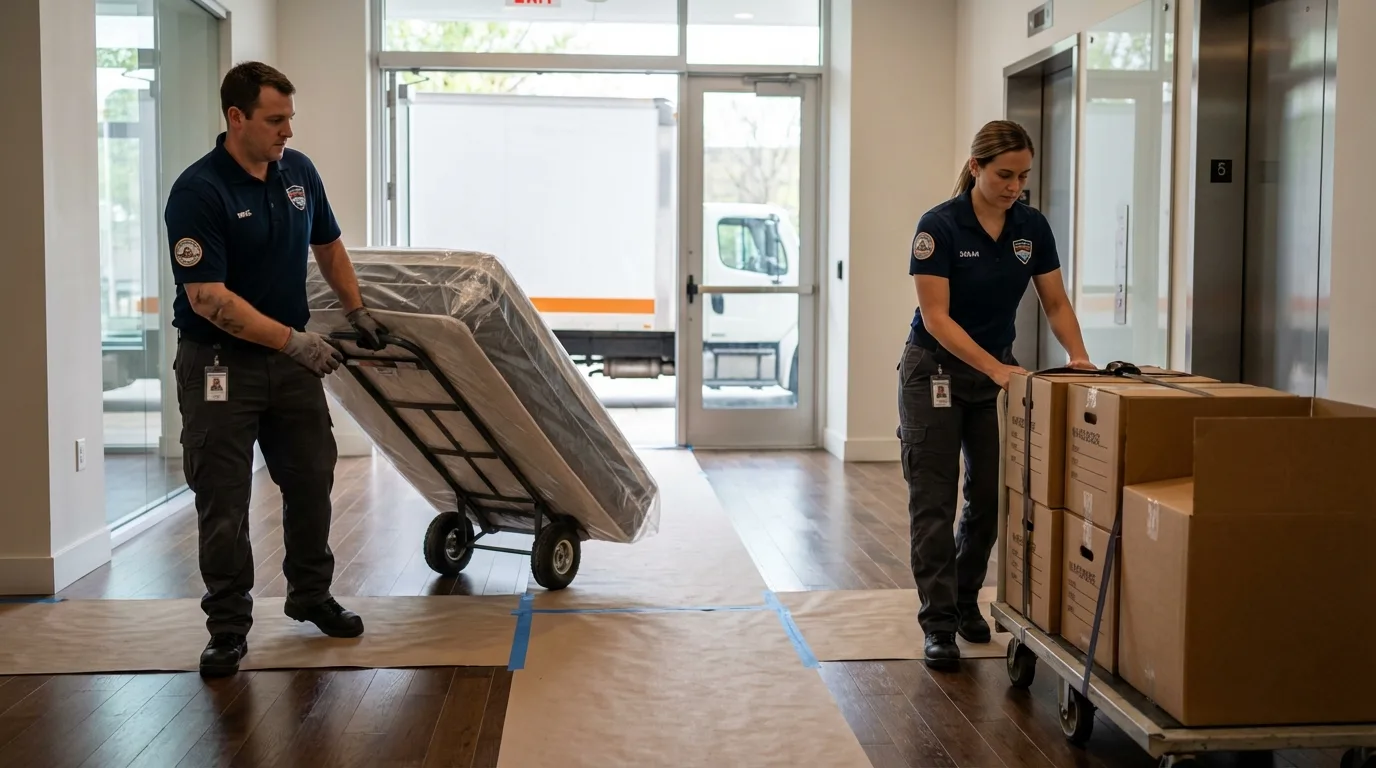 Professional apartment movers loading elevator in Livingston, CA